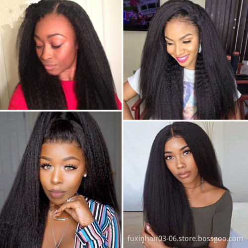 Kinky Straight Full Lace Wig Bleached Knots Human Hair Pre Plucked Yaki Hair Lace Wig with Bangs Transparent Lace Front Wigs